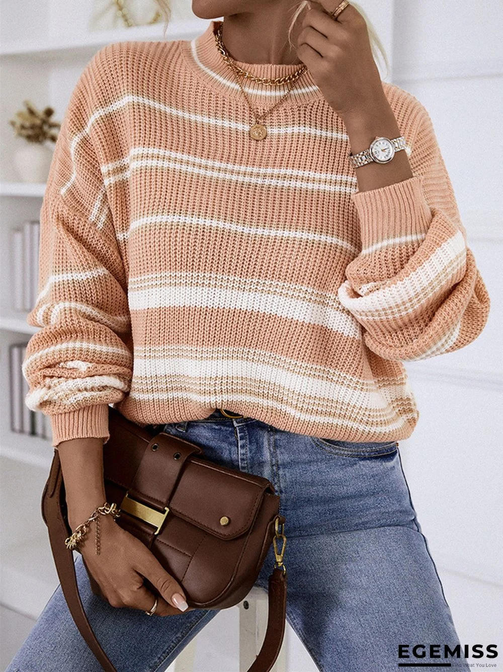 Loose Casual Round Neck Long Sleeve Striped Sweater | EGEMISS