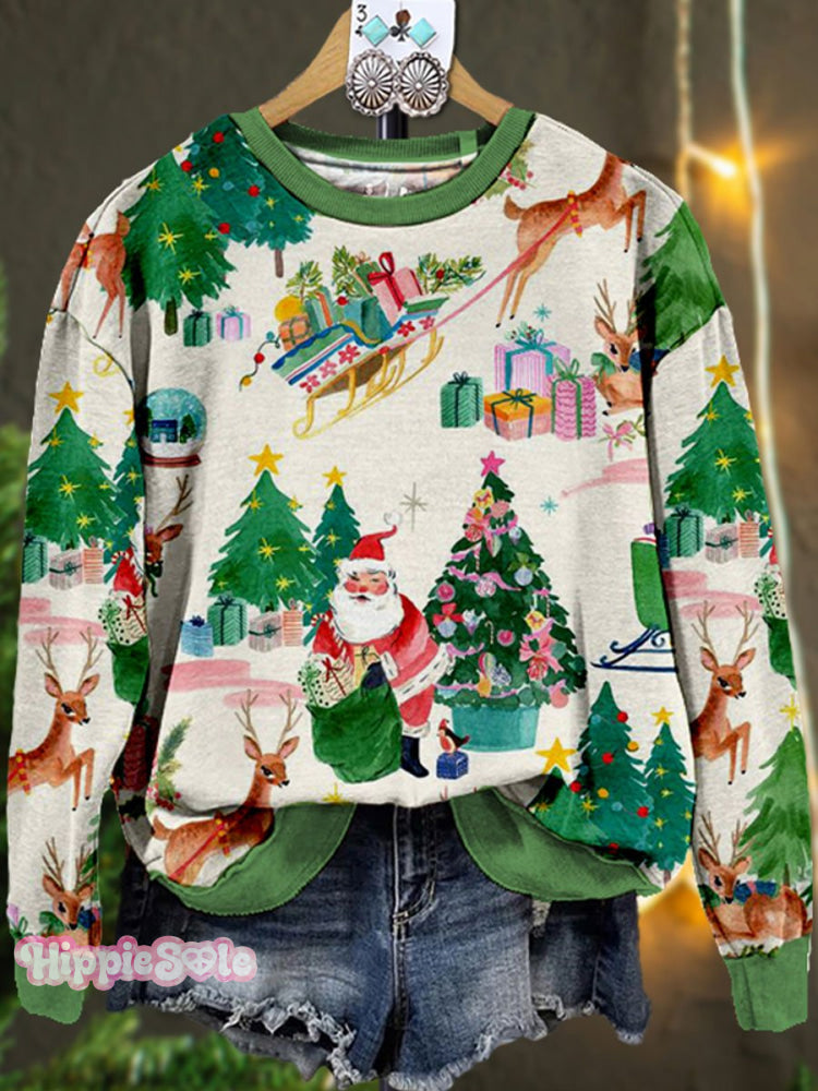 Lovely Christmas Santa Tree Art Print Casual Sweatshirt Multicolor / S
