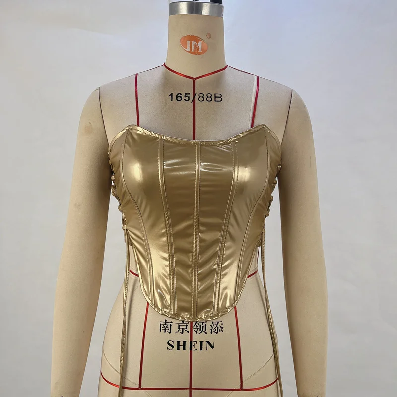 Toloer Toloer Women's Spring / Summer 2024 Sexy Hot Girl Metal Tie Band Strapless Vest Fish Bone Band Waist Small Vest Woman-Outfit Ideas