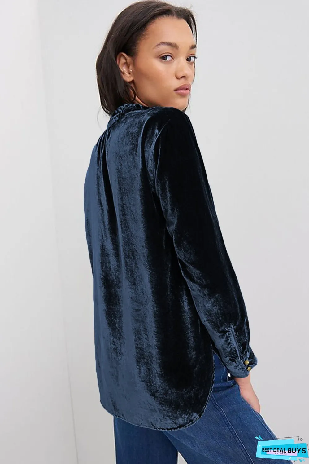 Frill Half Button Mock Neck Long Sleeve Blouse