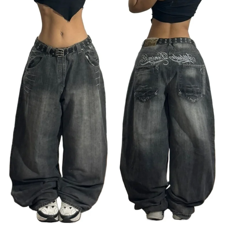 Aonga 2025 American New Trend Retro Letter Printing Washed Baggy Jeans Female Y2K Harajuku Hip Hop Gothic High Waist Wide Leg Pants aonga