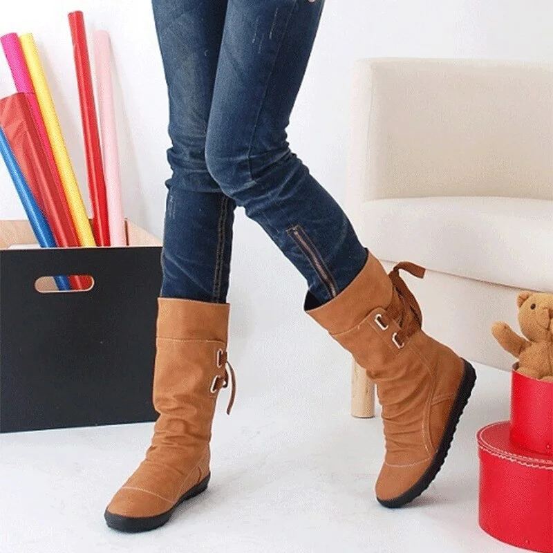 2022 New Mid-Calf Boots Women Fashion Platform Boots Slip On Lace-up Solid Flat Heels Ladies Casual Warm Shoes XWX7001