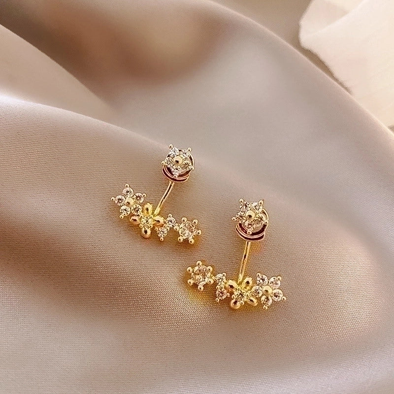 2 Pieces Retro Flower Copper Inlay Zircon Drop Earrings Ear Studs 1 Pair