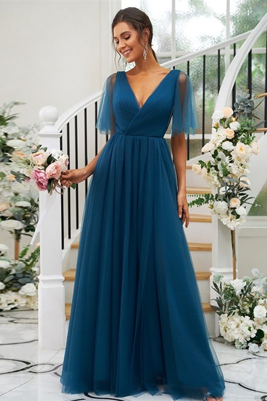 Ink Blue V-Neck Bridesmaid Dress With Slit PD0294