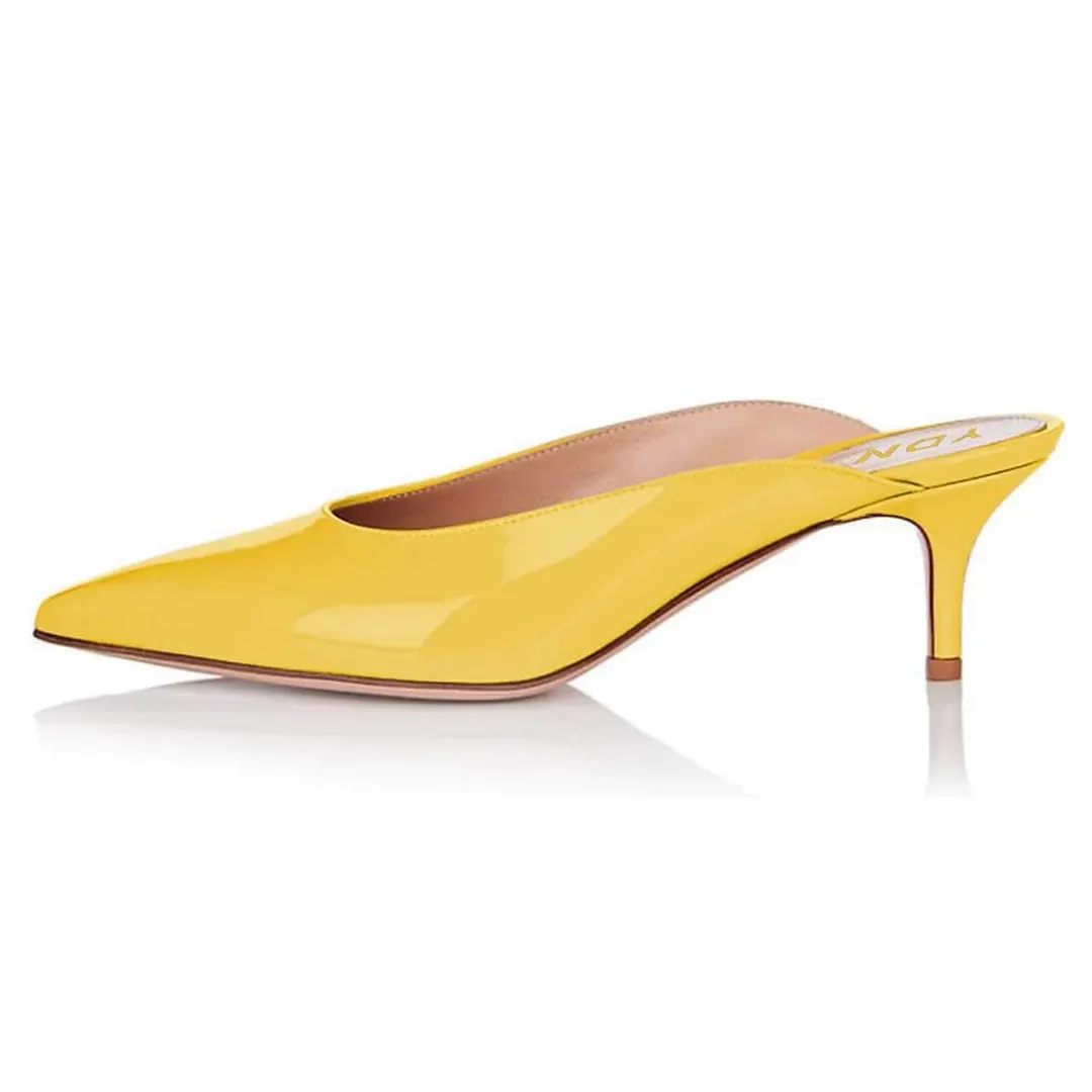 YDN Casual Yellow Patent Leather Pointed Toe Slip-On Mule Heels