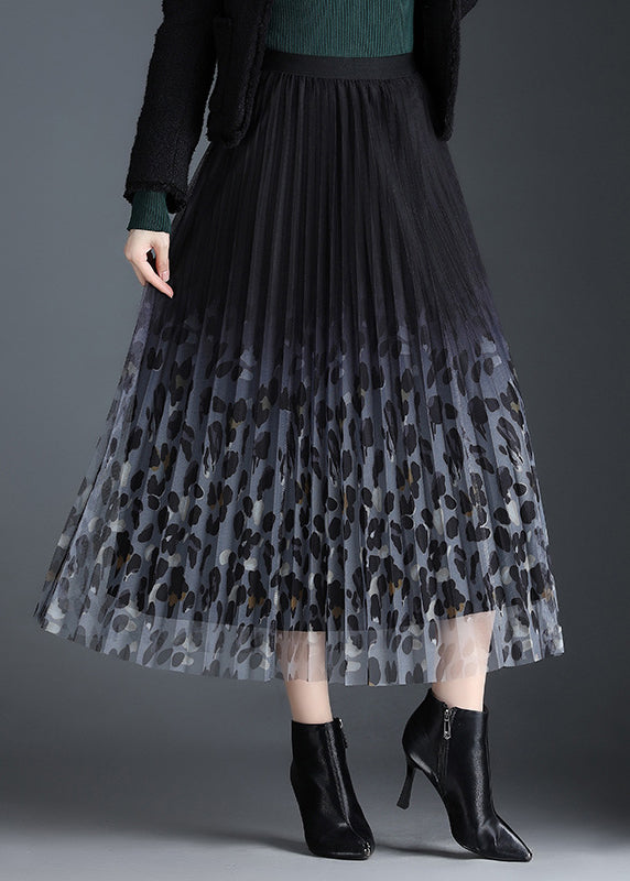 VCSHOES Black Tulle Print Pleated Fall Skirt
