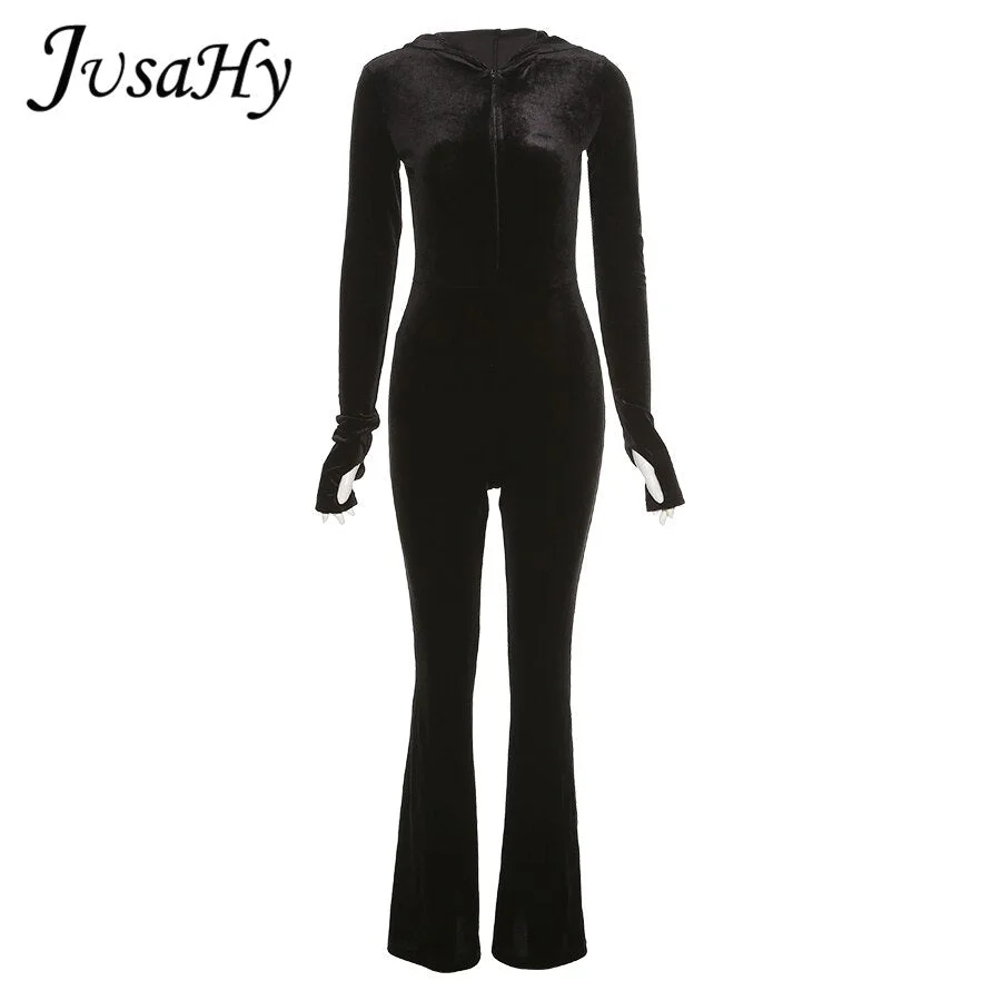 JuSaHy Autumn Velvet Zipper Hoodie Women's Jumpsuits Long Sleeves Fitness Skinny Stretchy Activewear Casual Street Outfits New