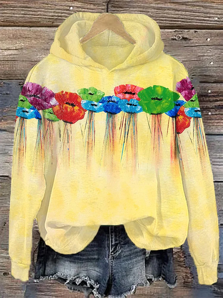 Color oil painting Floral Printed hooded sweatshirt