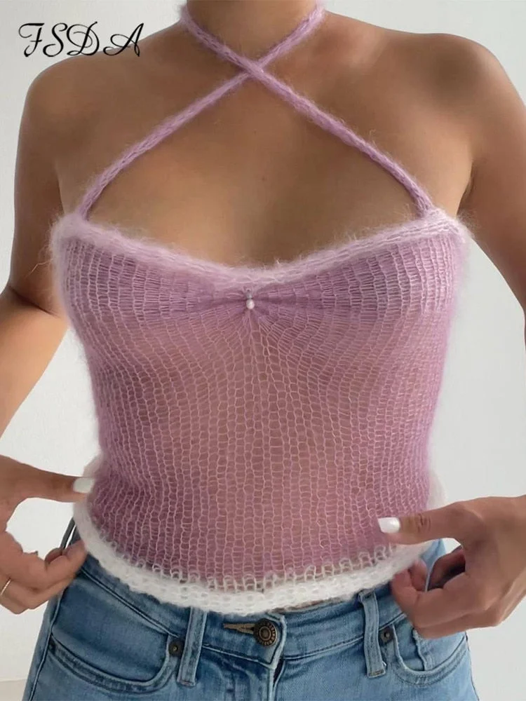 Halter Neck Y2K Women Crop Top Backless Sexy Sleeveless Green Off Shoulder Tank Tops 2022 Summer Casual Cami Party Knit