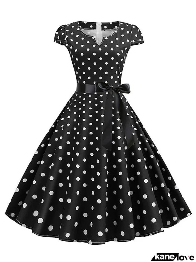 Elegant Retro Vintage Dress Midi Dress Party Outdoor Print Polka Dot V Neck Short Sleeve Regular Fit Summer Spring Light Blue Black S M L XL for Women
