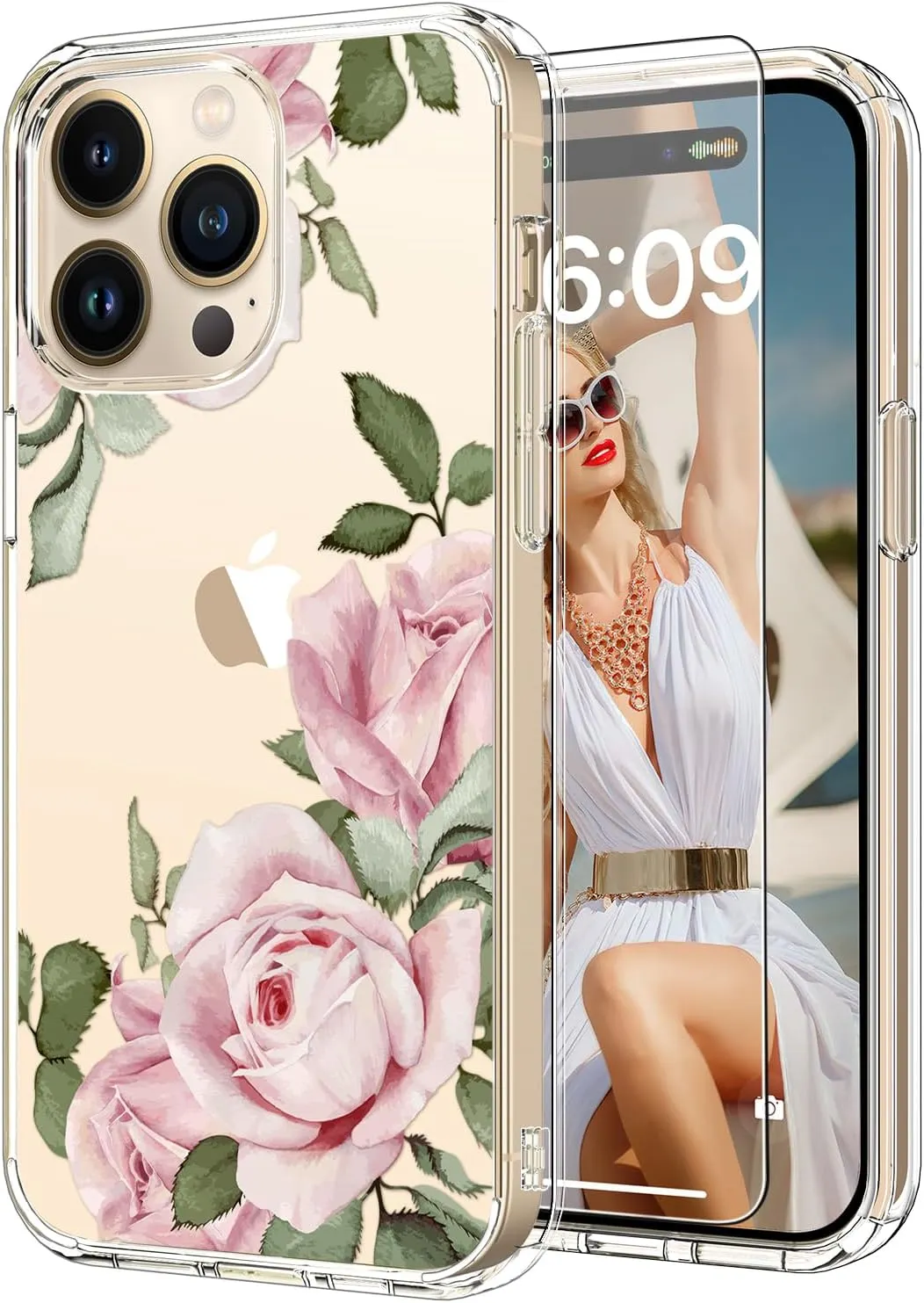 ProCaseMall for iPhone 15 Pro Case with Screen Protector Clear Blooming Pink Flower