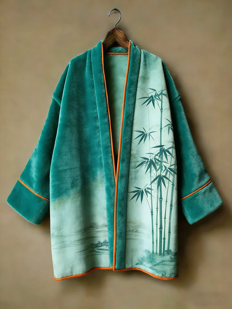 Oriental aesthetic printed flannel embroidered medium and long kimono cardigan