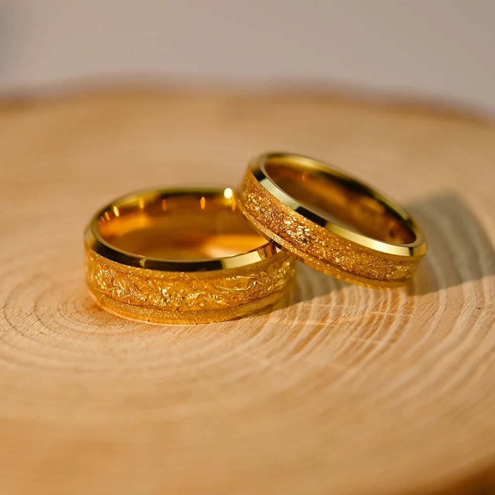 6MM 8MM Gold Sandblasted Electroplated Tungsten Wedding Bands with Gold Foil Inlay Couple Ring Wedding Comfort Fit Couple Rings