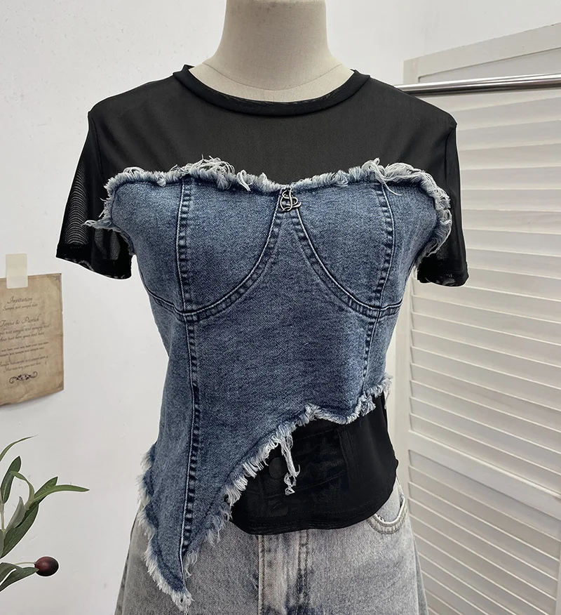 Uveng Solid Shooting Denim Splicing Mesh Yarn Short-Sleeved T-Shirt Summer Dress Irregularly Short High-Waist Repair Body Coat 26171