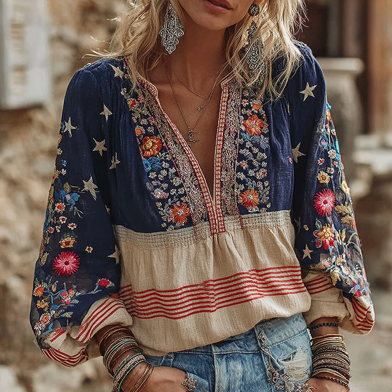  Women's Vintage Bohemian Flowers With Flag Art  Long Sleeve V Neck Linen Tops Westsshops