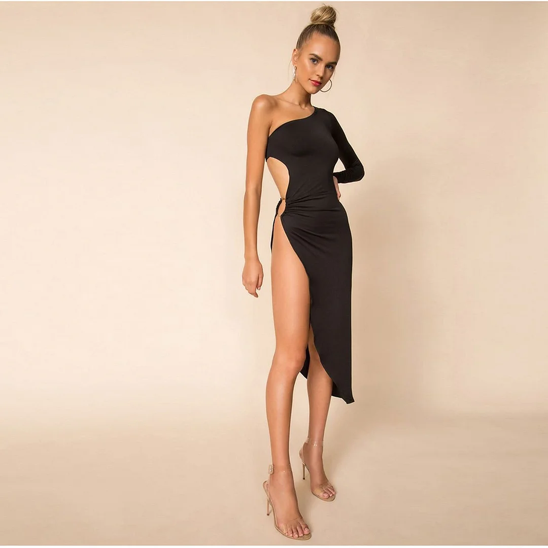Uveng Uveng Women's Solid Color One Shoulder Long Sleeve Sexy Side Hollow Out Slit Dress