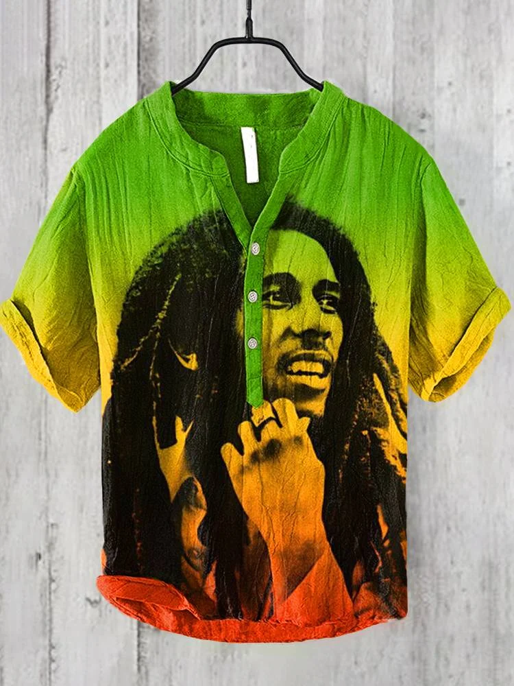 Reggae Bob Marley Print Linen Blend Casual Shirt