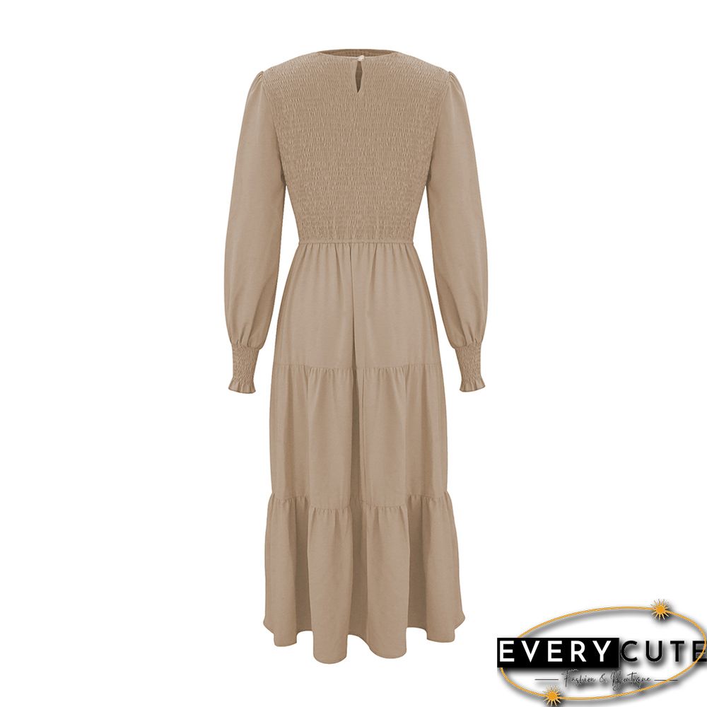 Khaki Crew Neck Smocked Swing Midi Dress