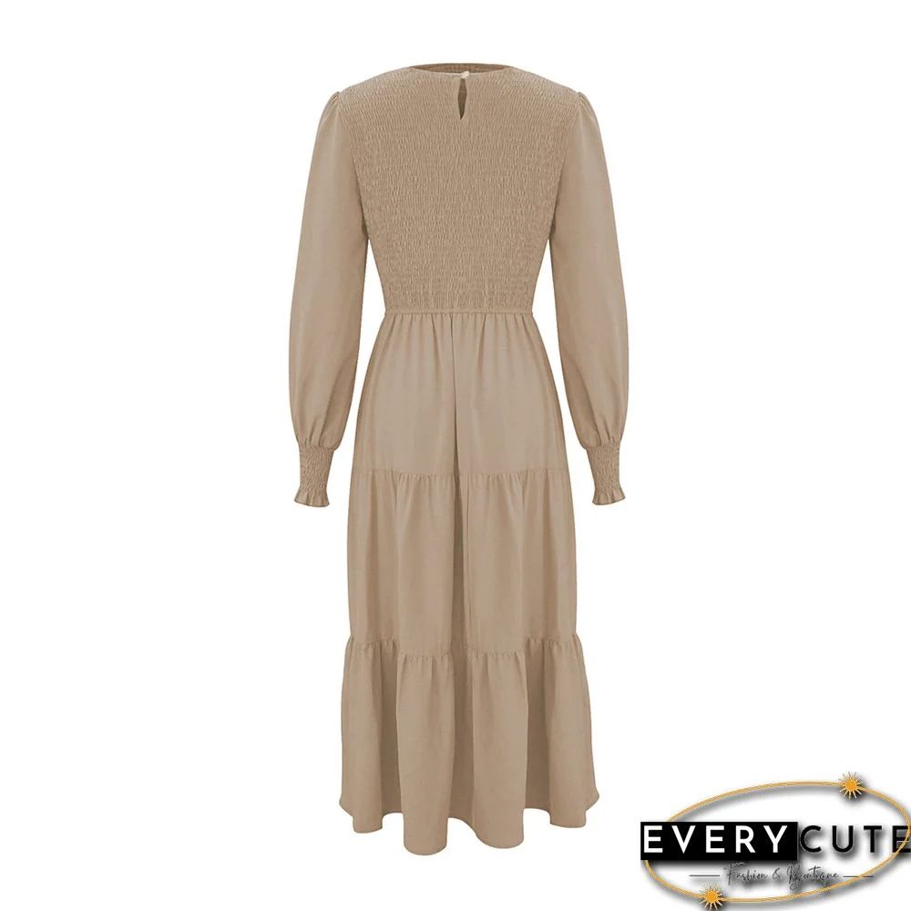Khaki Crew Neck Smocked Swing Midi Dress