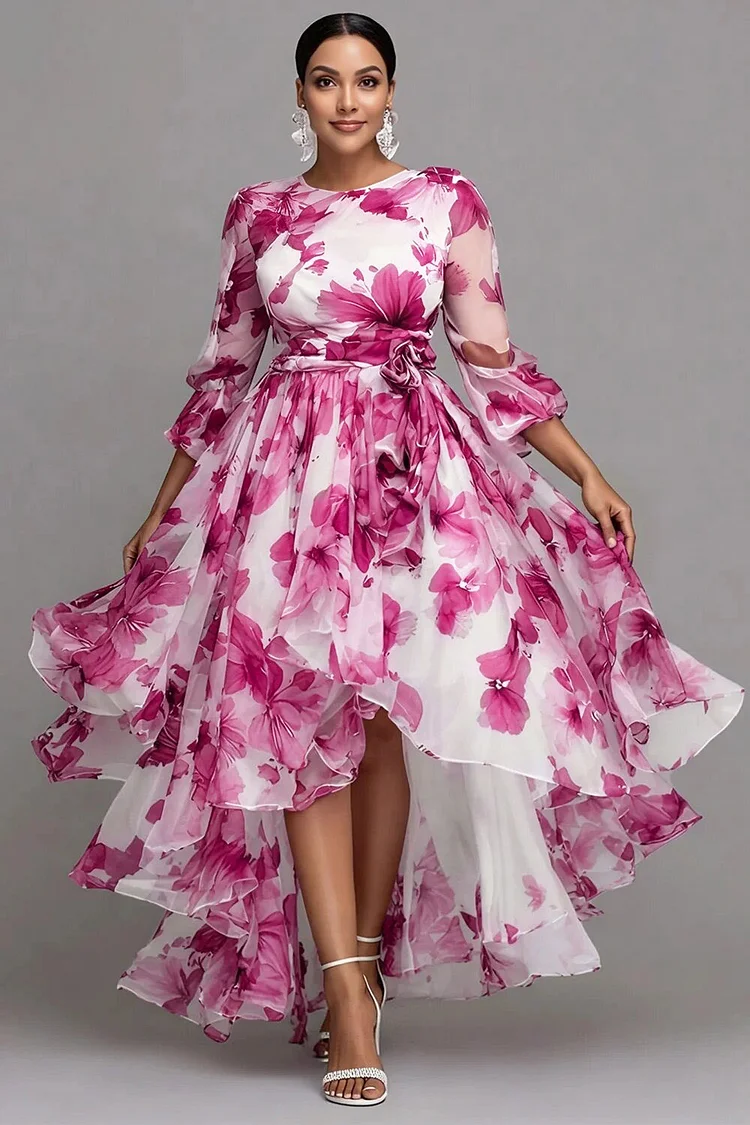 Xpluswear Design Plus Size Wedding Guest Purple Floral Round Neck 3/4 Sleeve Asymmetric Hem Irregular Hem See Through Organza Midi Dresses 2024 - Xpluswear