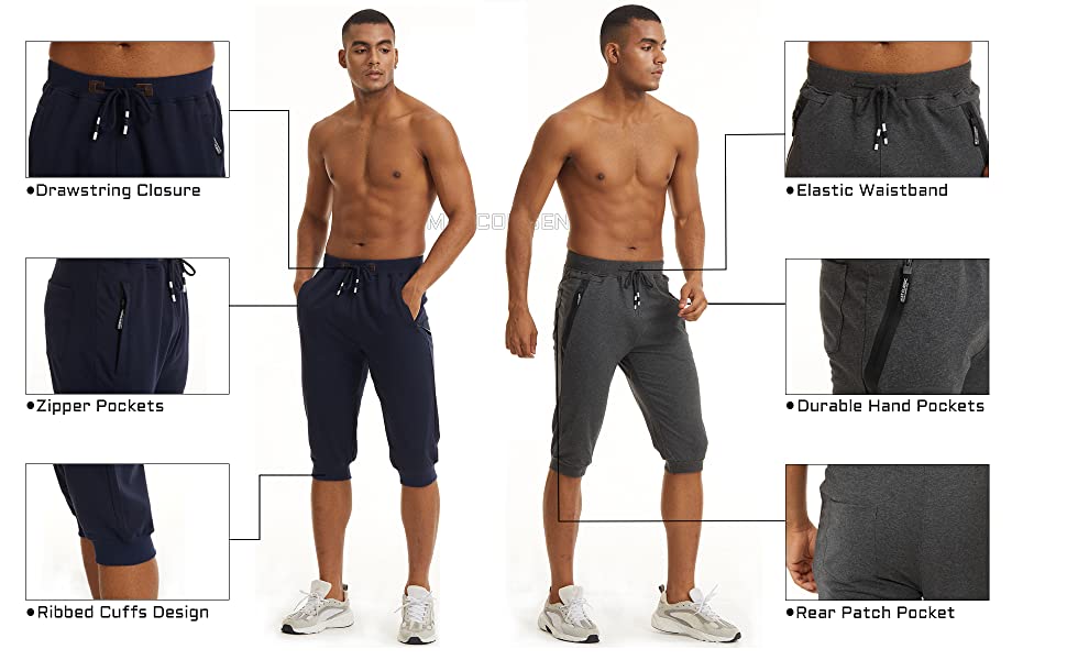 Men Capris Joggers with Zipper Pocket Drawstring Slim Fit Tapered Training Shorts