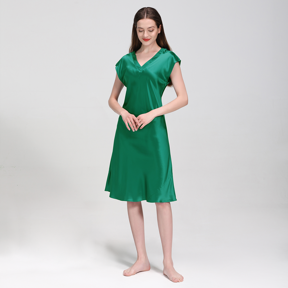 22 Momme Midi V Neck Silk Nightgown With Cap Sleeves REAL SILK LIFE