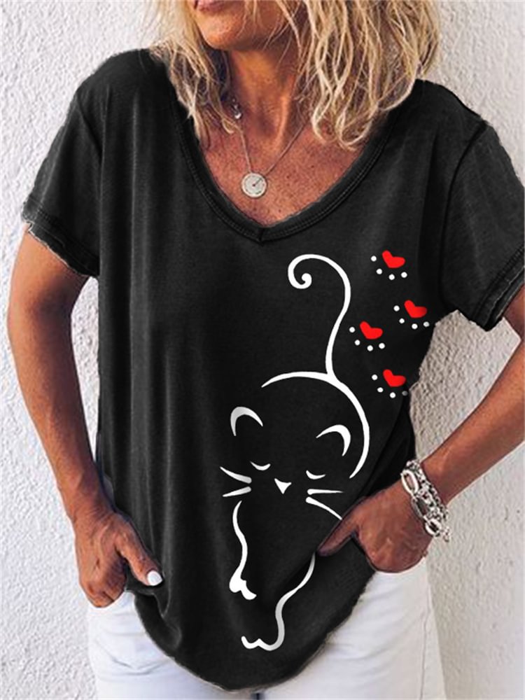 Comstylish Lovely Cat Heart Paw Print V Neck T Shirt