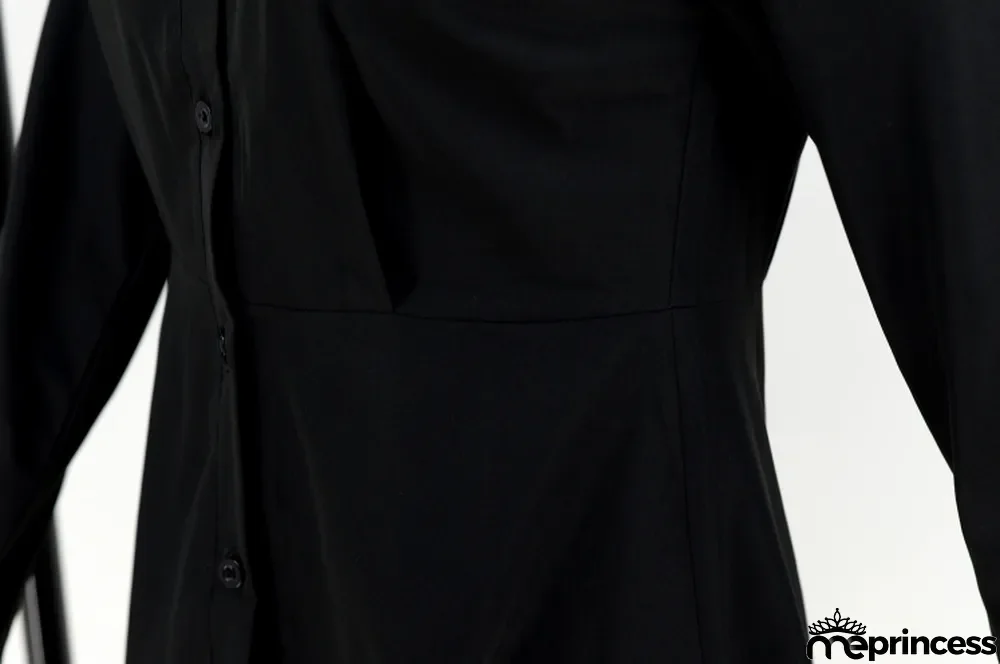 Autumn Black Ruffles Botton-Open Long Sleeve Shirt Dress