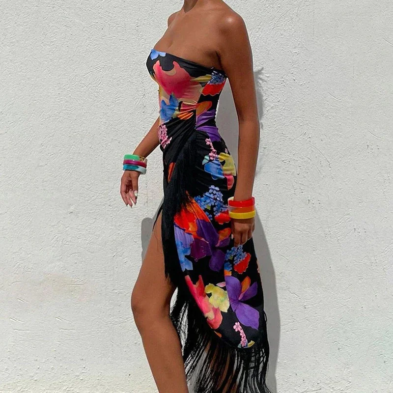 Jangj TiulZial Vintage Print Floral Summer Midi Dress Beach Holiday Patchwork Strapless Fringe Dress Tassel Split Club Party 2022