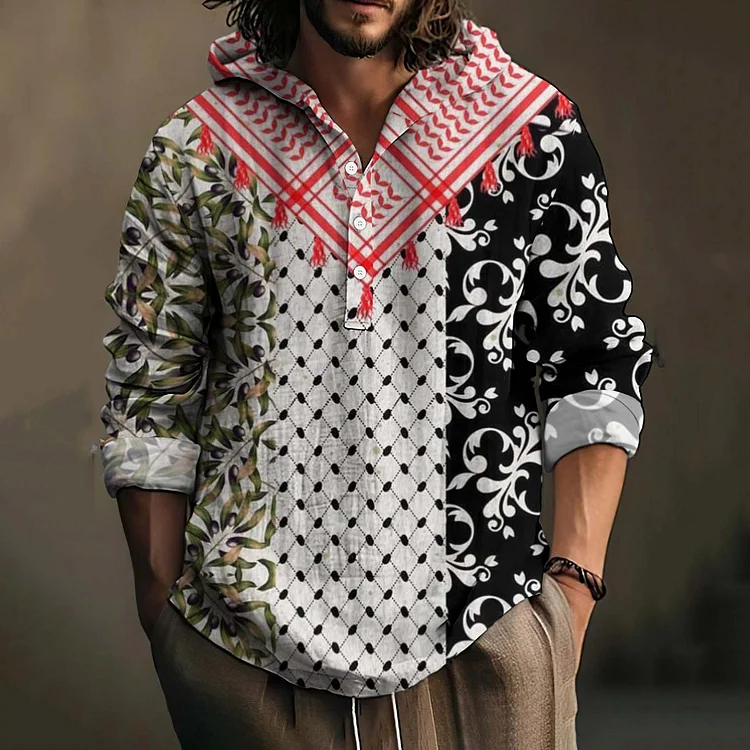 Hope Peace Forever Print Linen Hooded Shirt