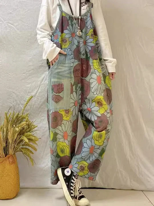Women's Floral Printed Casual Retro Cropped Workwear Denim Overalls Jumpsuit