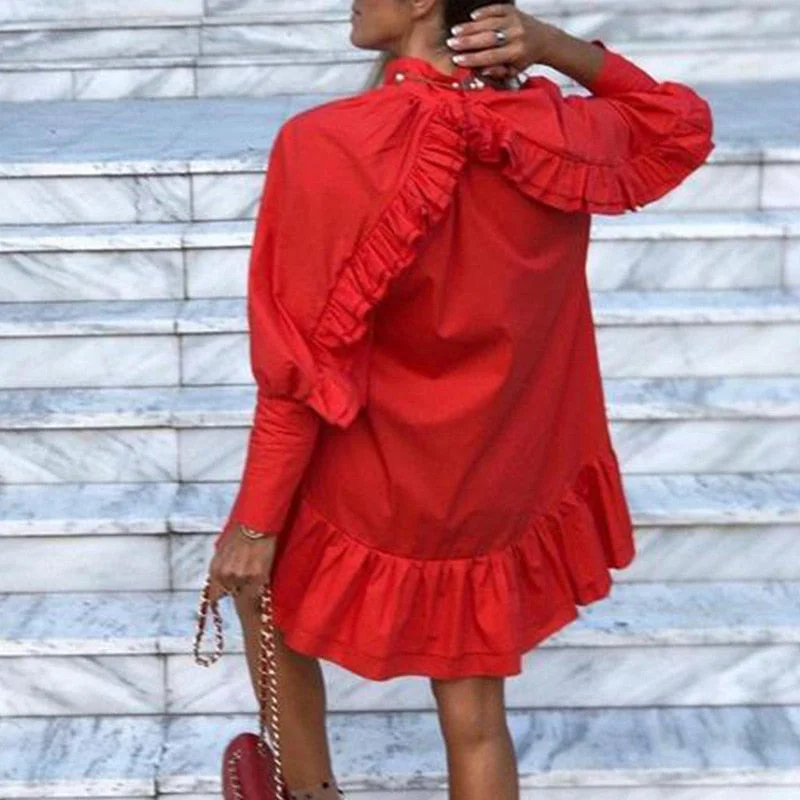 Women Spring Ruffles Short Dress Stand Collar Solid Long Sleeve Red Dress Leisure Ladies Loose Chic White Office Dress 2021