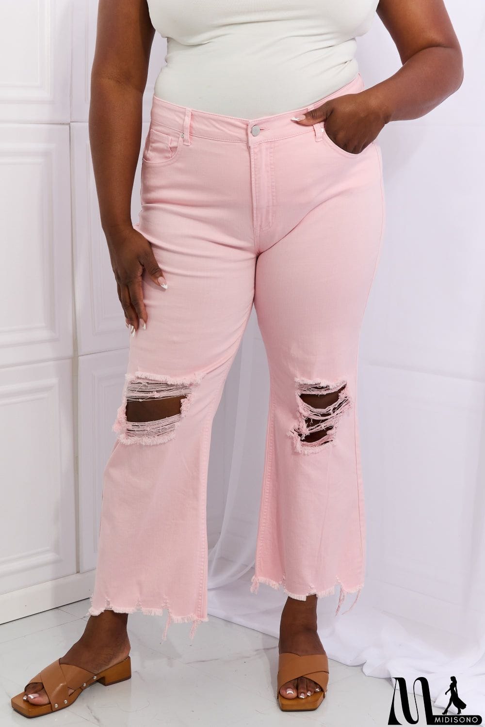 MidiSono - RISEN Miley Full Size Distressed Ankle Flare Jeans