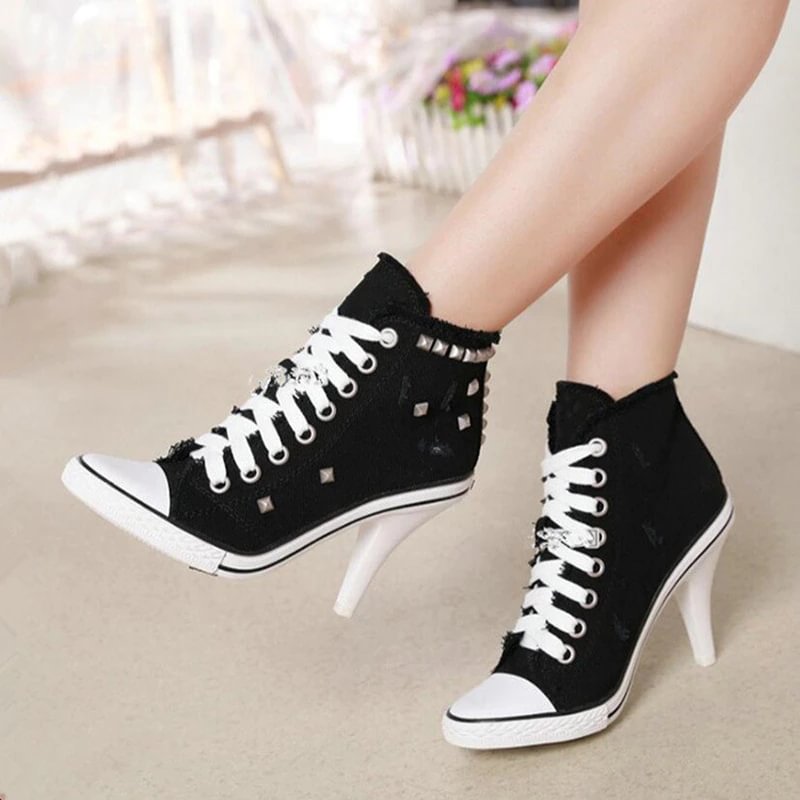 Yyvonne Women Canvas Shoes Denim High Heels Black Rivets Shoes Fashion Shoe Laces Sneakers Women Short Boots