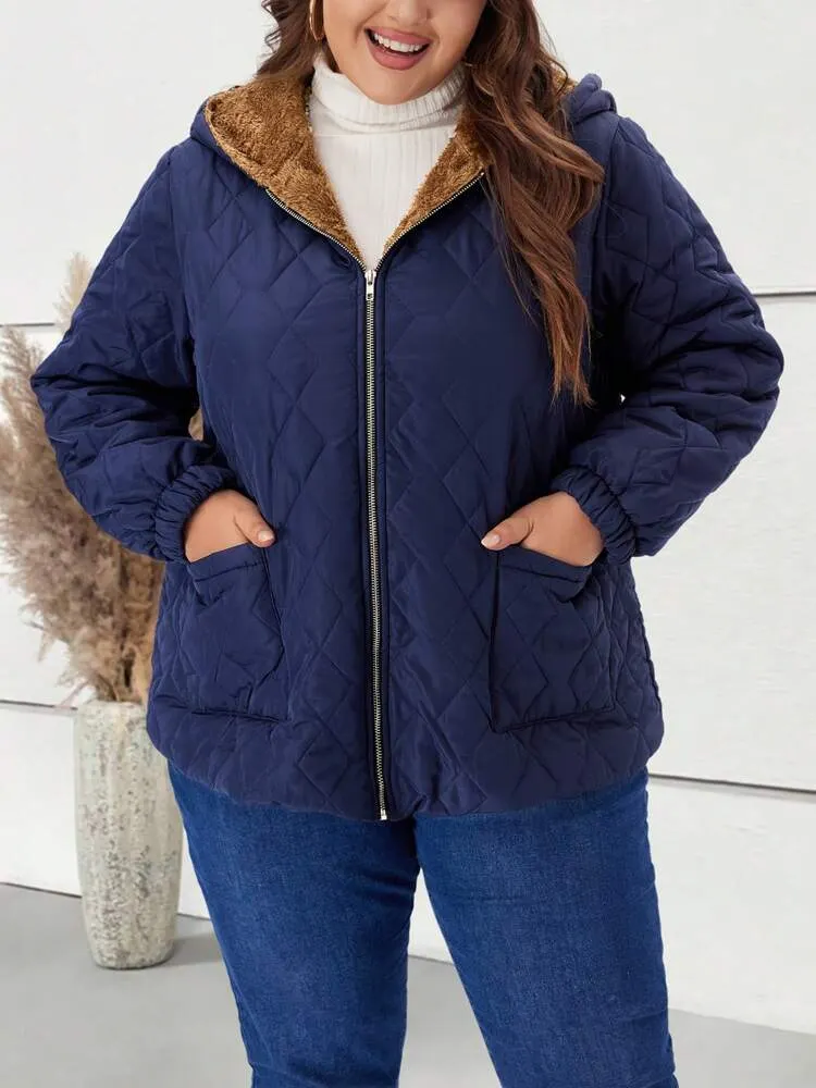Plus Size Women's Hooded Zipper Casual Fleece Padded Coat With Pockets