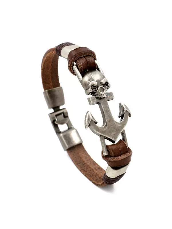 Navy Blue Skull Anchor Braided Leather Bracelet