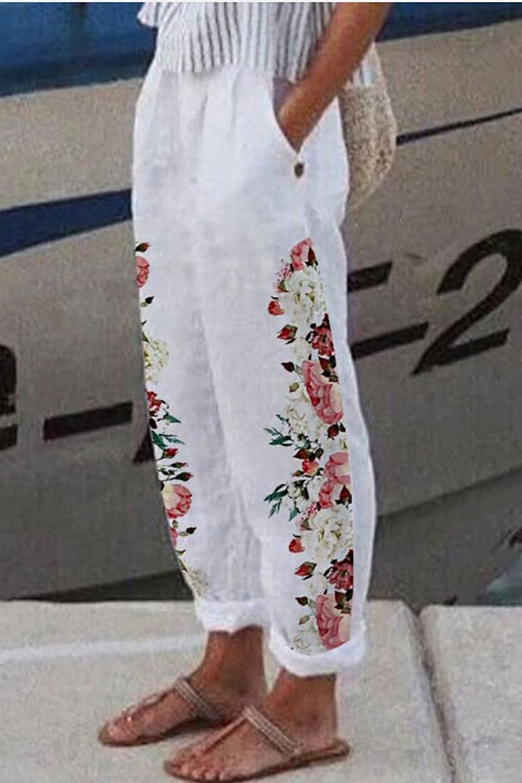 Casual Floral Print Pocket Linen Harem Pants
