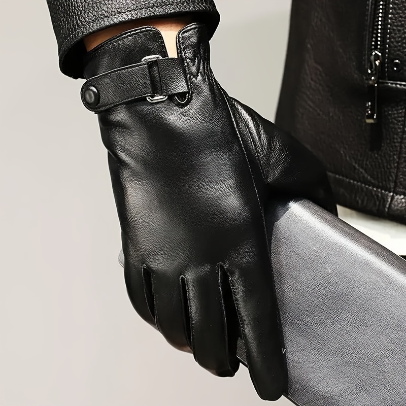 Unisex Button Closure Monochrome Gloves Elegant Genuine Leather Split Finger Gloves Autumn Winter Velvet Lined Warm Waterproof Gloves
