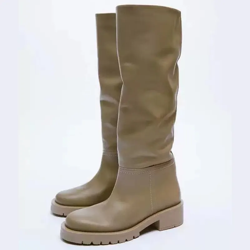 Meotina Women Genuine Leather Boots Round Toe Thick High Heel Platform Ladies Boots Knee High Boots Autumn Winter Apricot 34-42