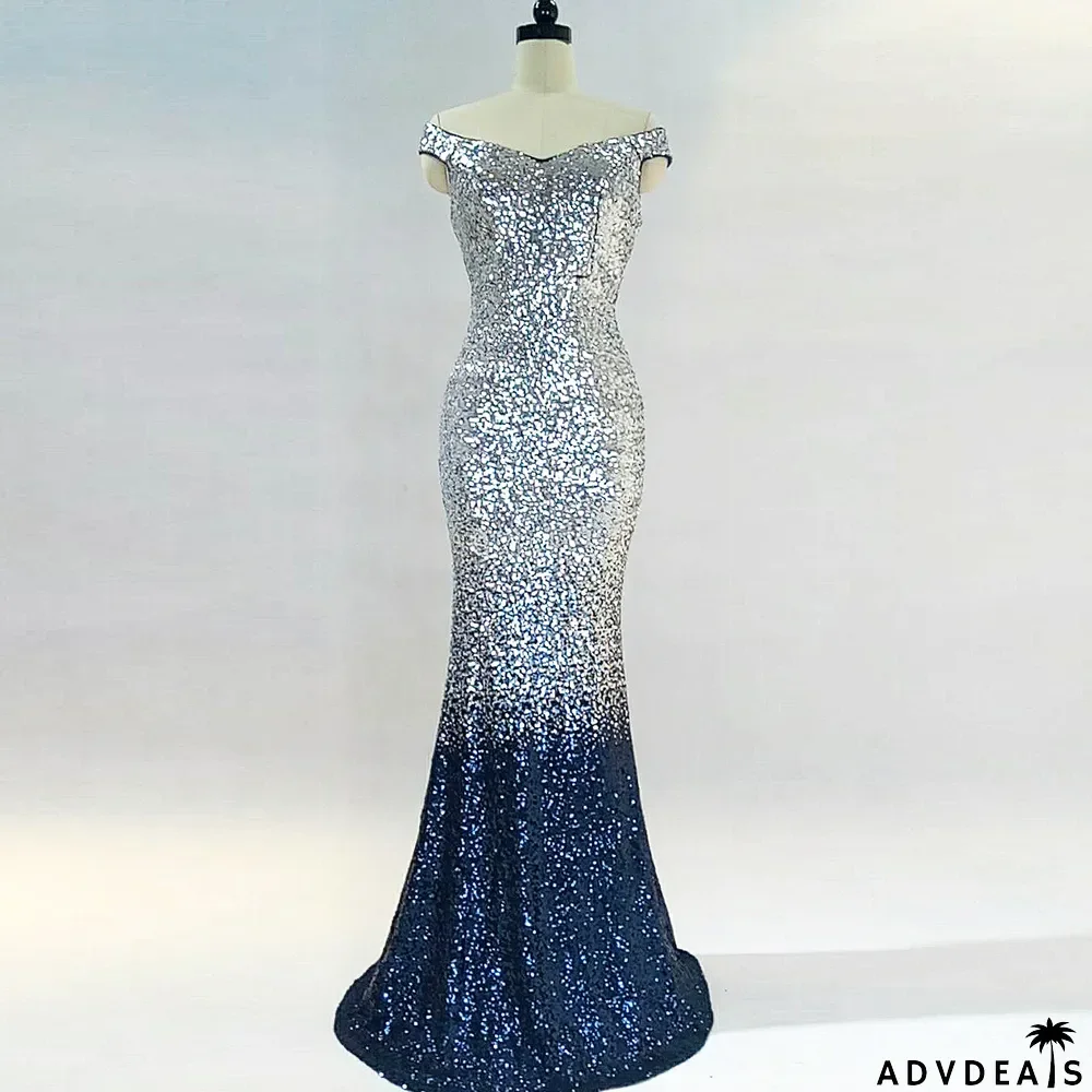 Off Shoulder Gradient Sequins Formal Party Evening Dress Long Slim Fashion Dress Women's Mermaid Gown