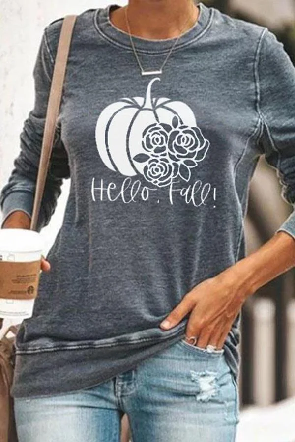 Pumpkin Print Long Sleeve Round Neck Sweatshirt-Allyzone-Allyzone
