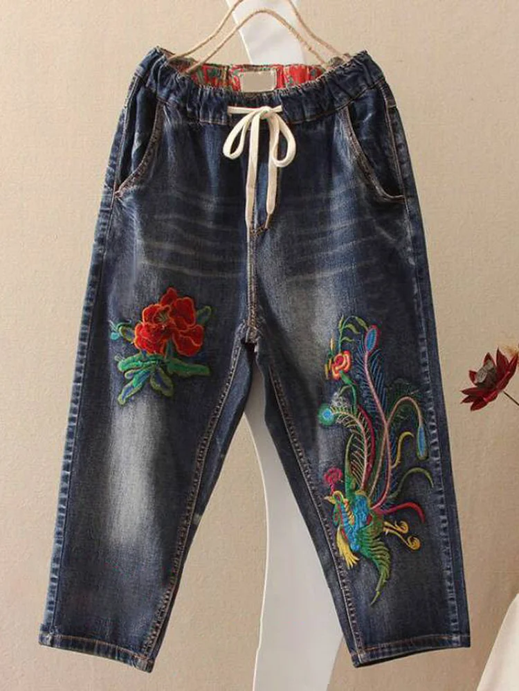 Denim Elastic Waist Drawstring Floral Embroidery Harem Pants