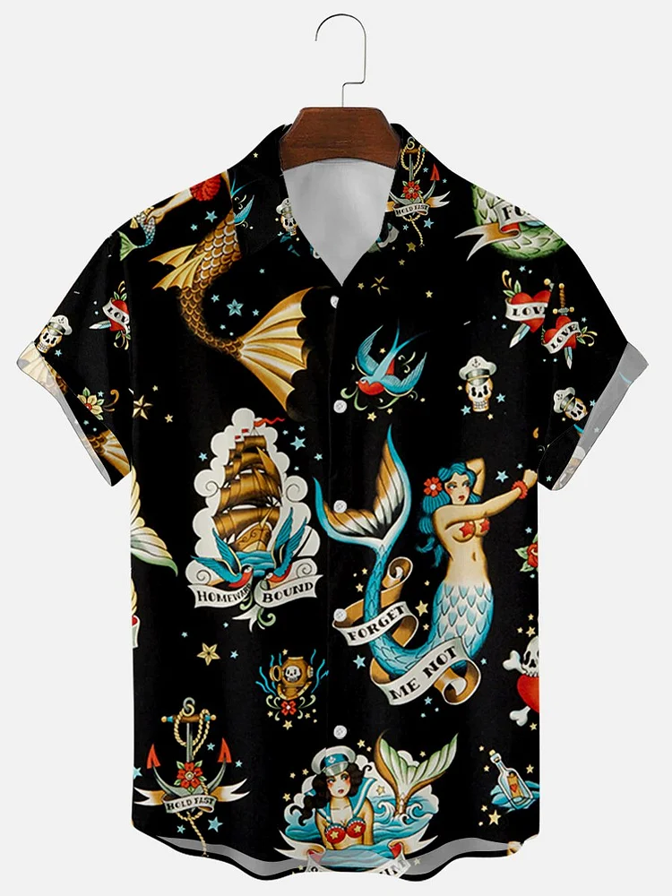 Mens Vintage Mermaid Print Lapel Casual Loose Short Sleeve Hawaiian Shirt socialshop