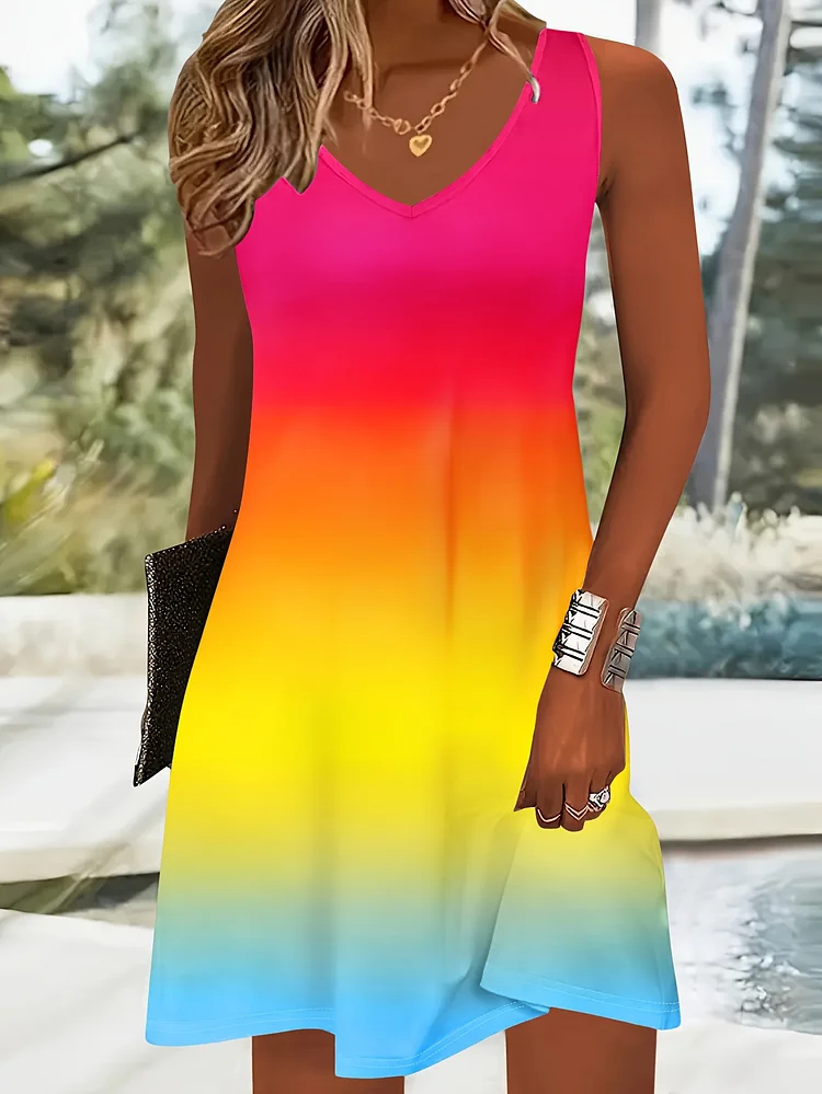 Women's Gradient Color Print Sleeveless V-Neck Dress - Casual Summer Machine Washable Ombre Pink To Purple Lightweight Dress For Beach, Picnics & Casual Outings, Beach Dresses For Vacation, Picnic Attire, Relaxed Fit, Smooth Fabric, Trendy Outfit
