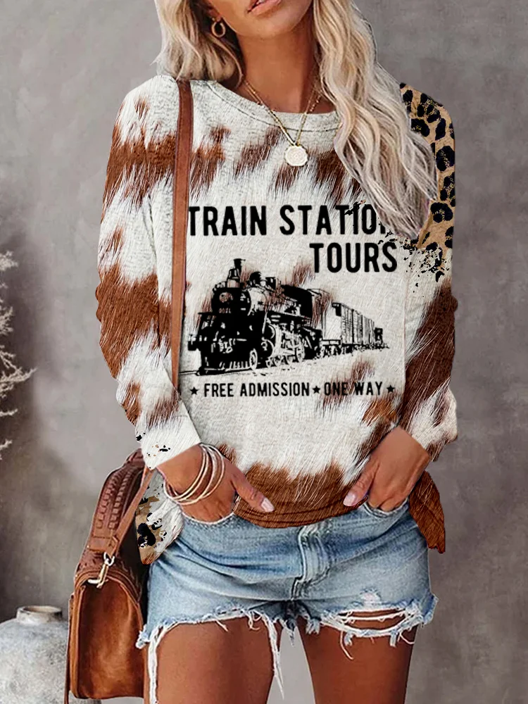Western Train Station Inspired Cowhideleopard Graphic T Shirt