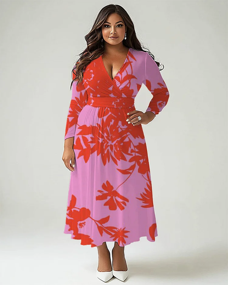 Plus Size Women's Fashion Prints Long Sleeve V Neck Dress
