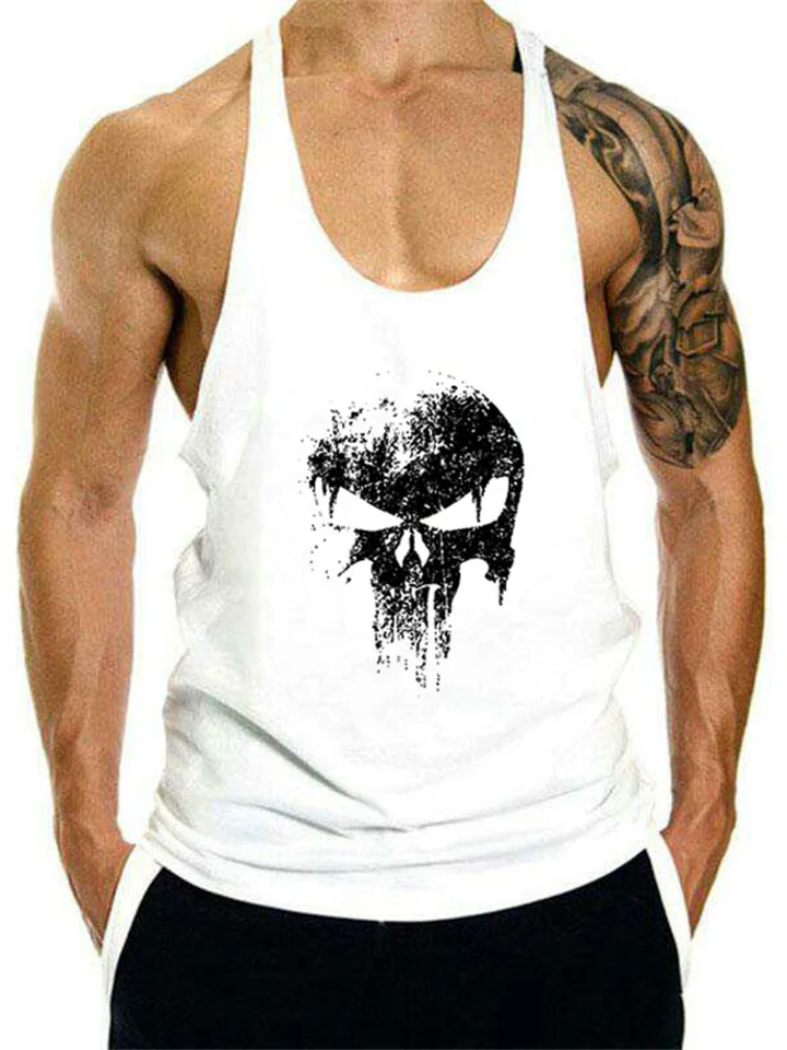 Men's Skull Pattern T-shirt Fitness Leisure Large Size Cotton Work Word Sports Undershirt Sleeveless T-shirt