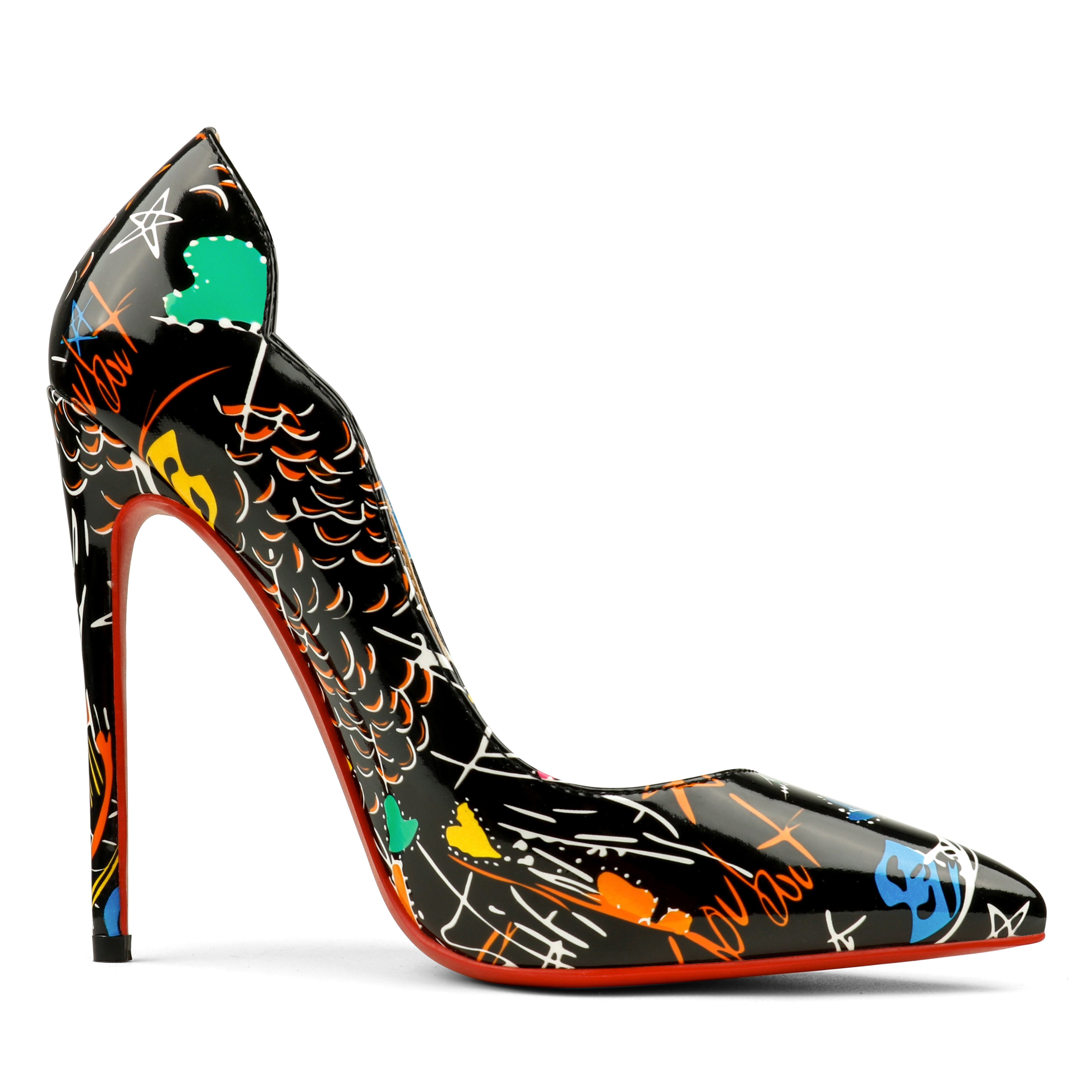 100mm/120mm Women's Pointed Toe V-Cut Shaped Graffiti Print Pumps Red Bottom Shoes-vocosishoes