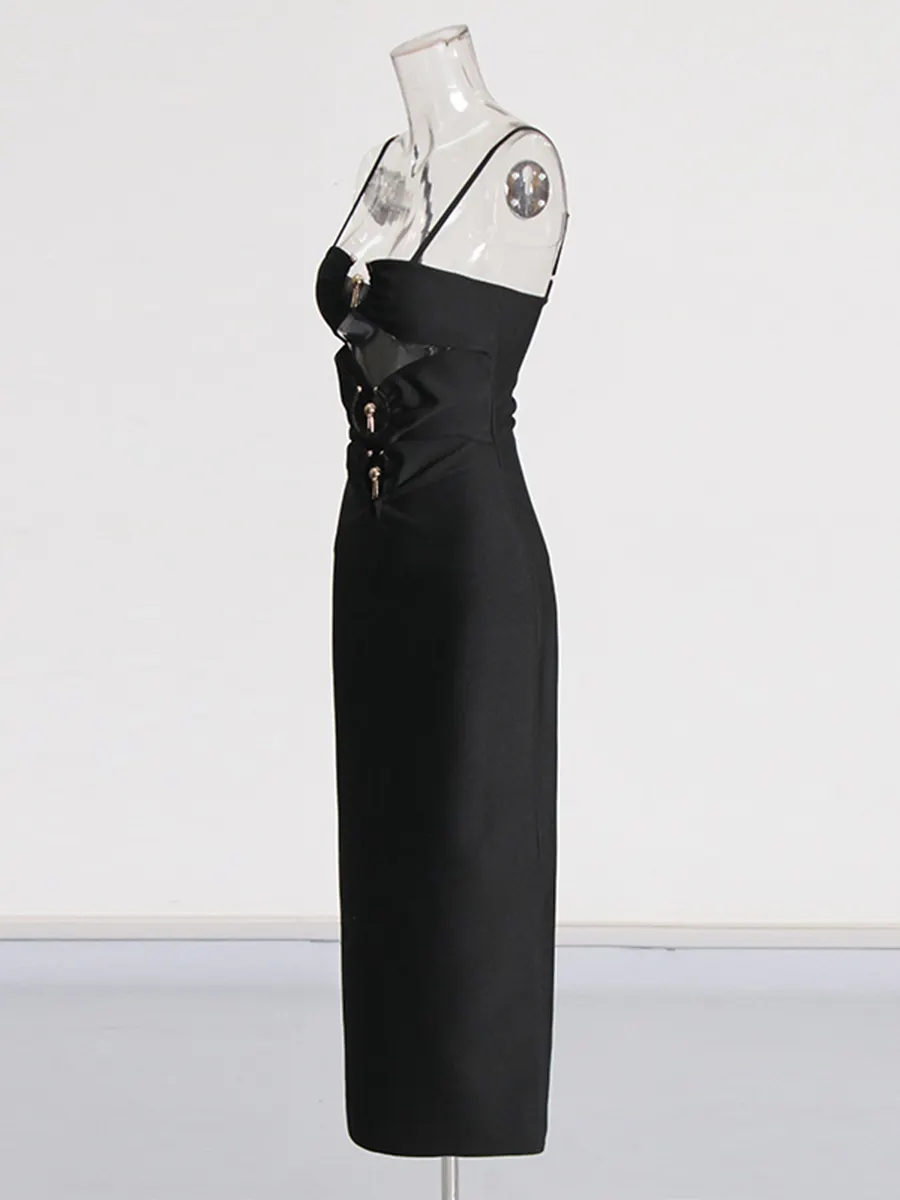 Brownm Small Metal Buckle Decoration Sexy Hollow Black Sling Dress Open Breast Design High-Leach Banded Skirt