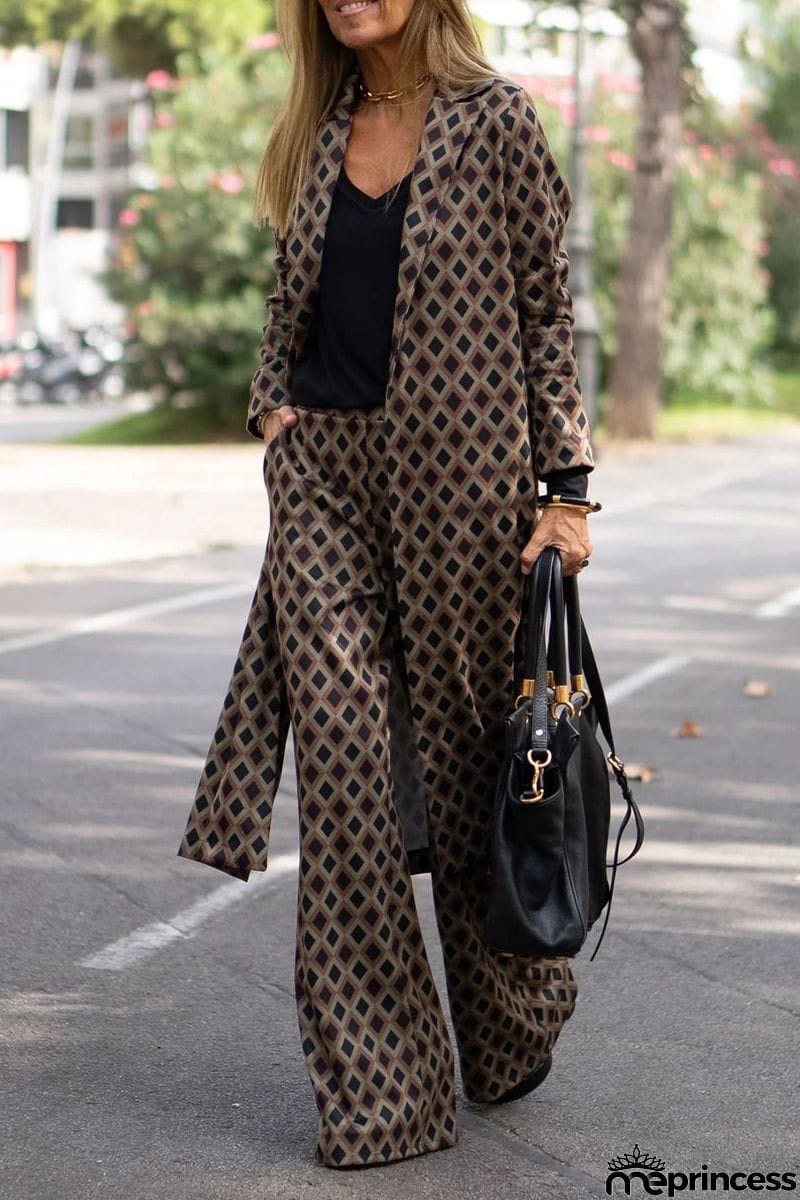 Elegant Geometric Print Sequins Printing Cardigan Collar Long Sleeve Two Pieces